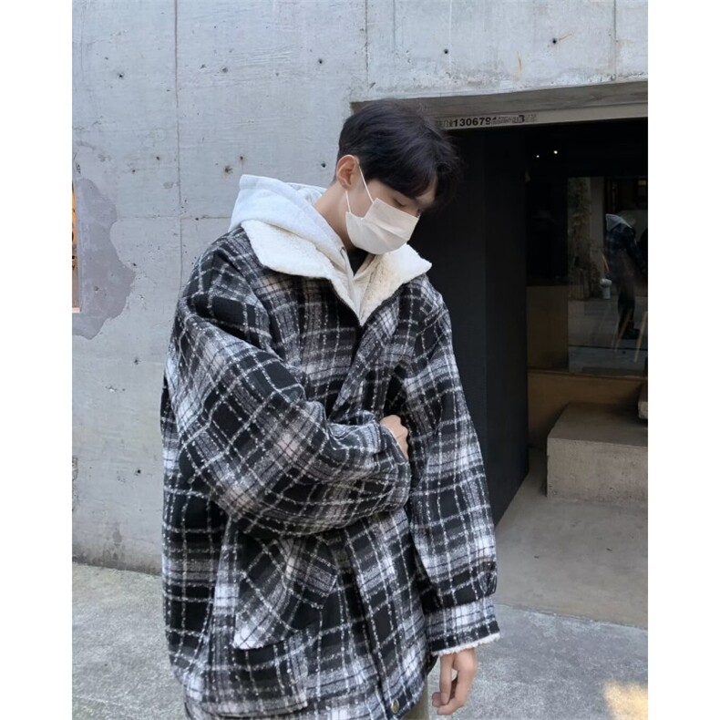 格子毛呢大衣男冬季2023新羊羔毛棉衣外套加绒加厚翻领棉袄M9017,男装夹克,星座1116A-1（原606A）