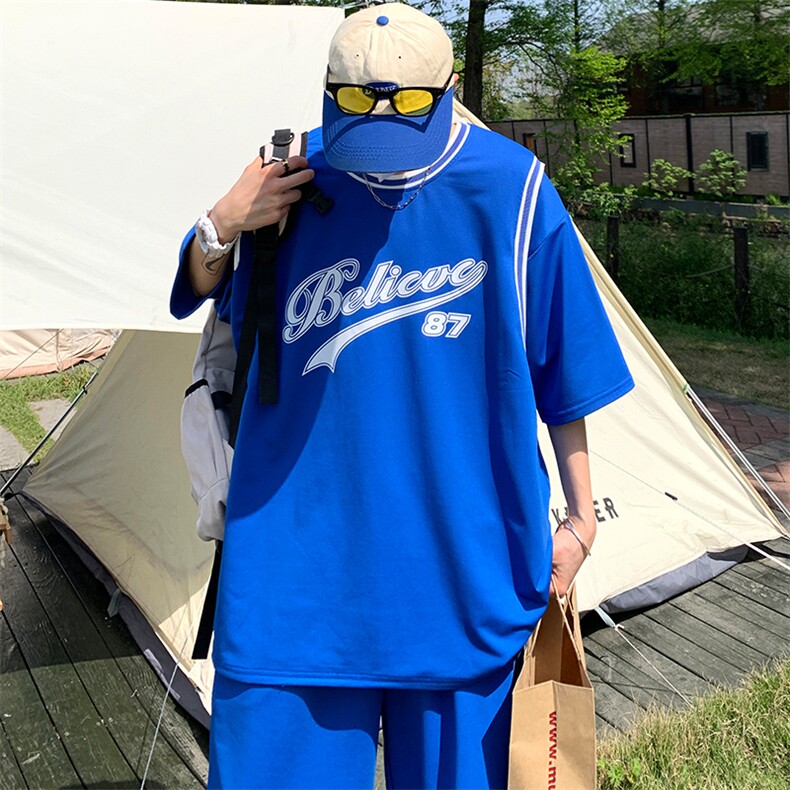 夏季运动休闲套装假两件纯棉球衣男宽松短袖短裤篮球服F311P58,男装休闲套装,电商A086