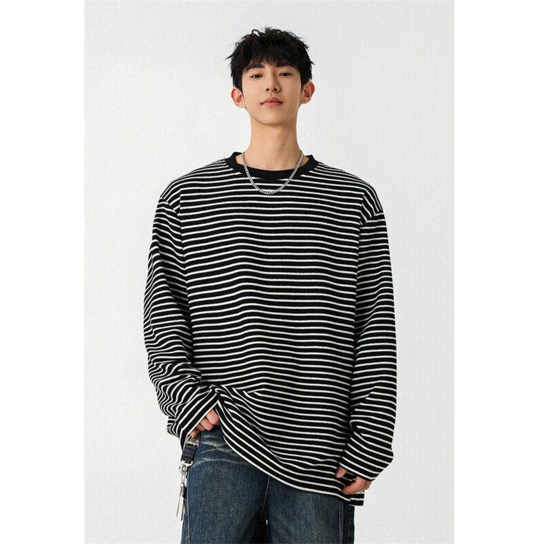 2026春季新款无影墙大码条纹圆领长袖T恤M-5XHT25086-特P30，男装T恤，电商A022