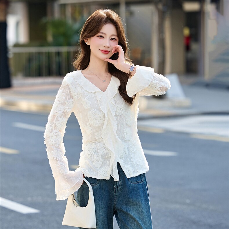 2026春装新款时尚百搭显瘦V领长袖短款衬衫，女装衬衫，天丝秀