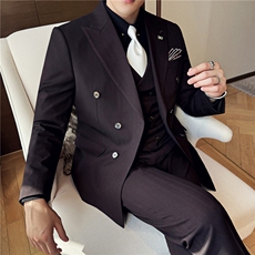 秋冬主推厚款暗条纹色织高档双排扣西装三件套藏青色SJT8068-P295，男装西服套装，电商A213
