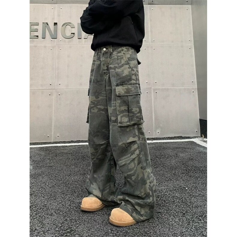 褶皱多口袋水洗迷彩工装裤男女街头直筒堆积感阔腿裤子K0915,男装工装外套,星座1116A（原606A-3）