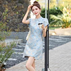 新中式国风改良旗袍连衣裙女2025夏新款收腰修身复古盘扣提花裙子，女装连衣裙，歌伊格美