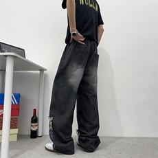 新中式小熊拼接牛仔裤男春夏潮牌痞帅直筒裤美式阔腿裤N9120-P45，男装牛仔裤，星座308B-1