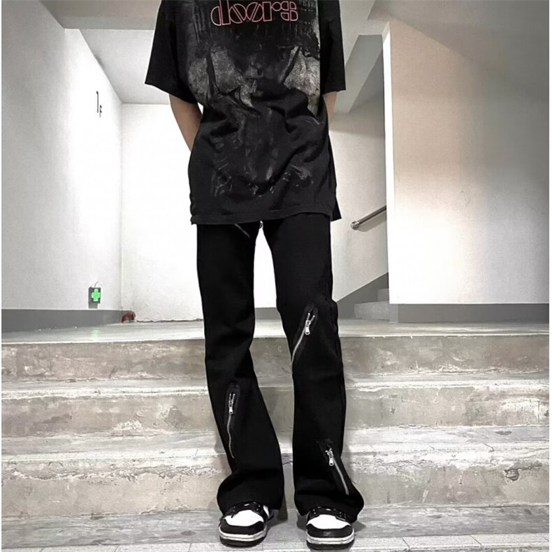 美式高街Vibe风拉链牛仔裤ins潮牌喇叭裤加绒阔腿裤K6087-P48网图,男装牛仔裤,电商B245
