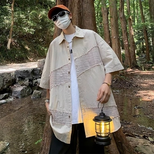 宽松型五分袖日常时尚纯色新款潮流男青春流行夏季文艺衬衫慵懒图片