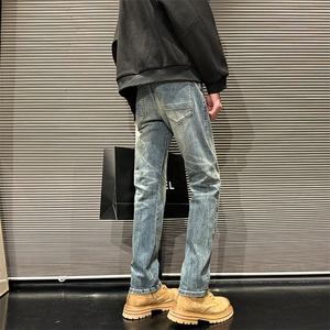 潮牌高街牛仔裤修身小脚闪电纹长裤610A-1-K3703-P65图片