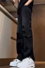 B221美式ins高街暗黑小众撞色破洞直筒牛仔裤LK23109-P65控88，男装牛仔裤，电商B221