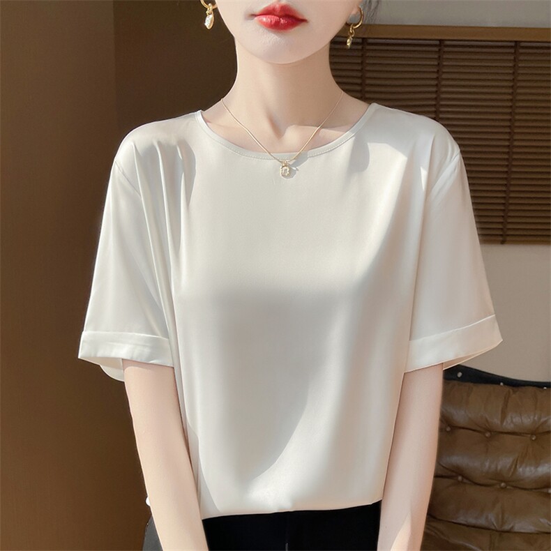 新款真丝短袖t恤女夏季醋酸缎面薄款简约宽松圆领桑蚕丝背心上衣，女装蕾丝衫/雪纺衫，朝贺羊绒