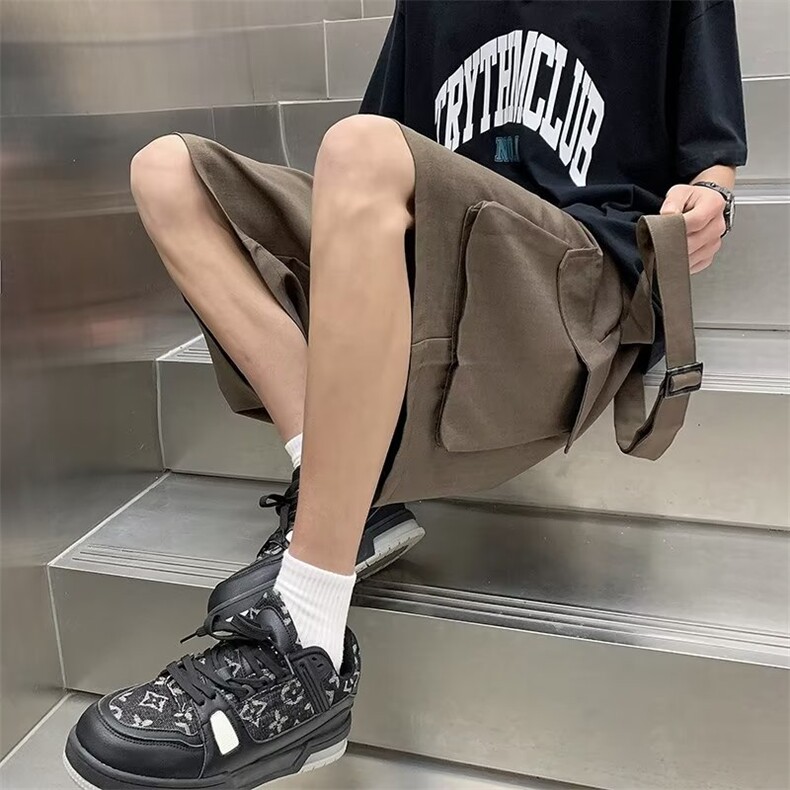 背带短裤男港风潮流口袋帅气2023夏季新款ins宽松五分裤K3691-P38,男装休闲裤,星座412-3
