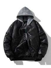 现货黑色PU皮棒球服外套秋冬棉服带帽可拆卸，男装棉衣，电商A105