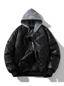 现货 黑色PU皮棒球服外套秋冬棉服带帽可拆卸图片