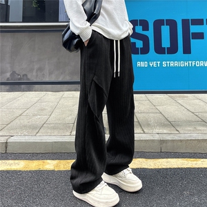 复合面料高克重 雪尼尔鱼骨纹褶皱宽松休闲裤 K25597/特P38 黑图片