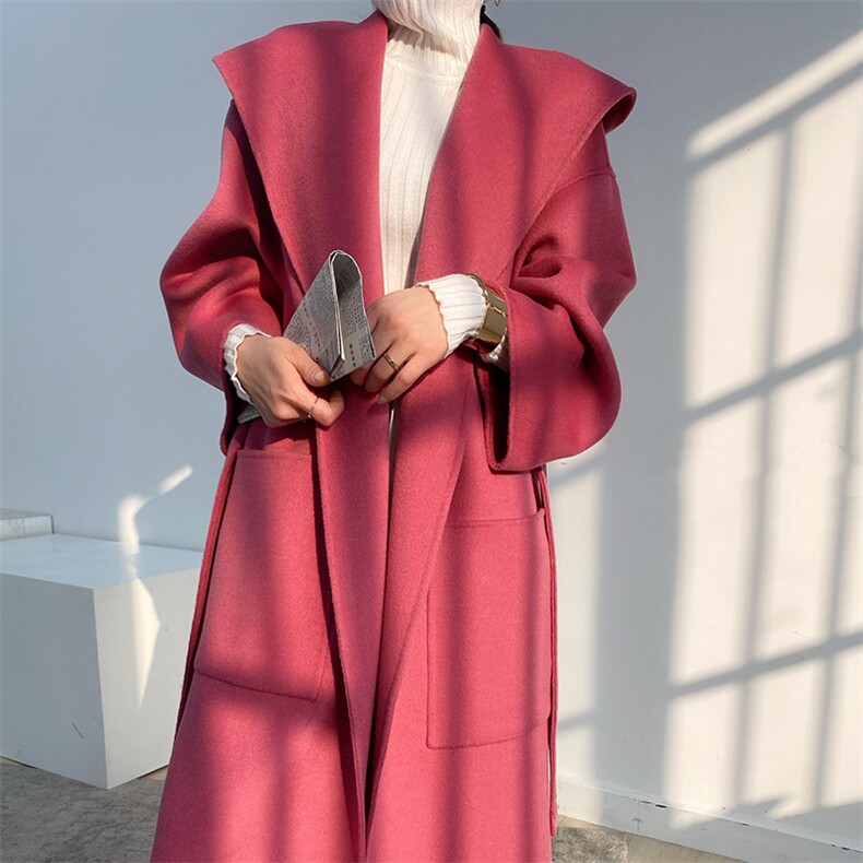 2025年夏季常规中长款长袖纯色系带全毛连帽双面呢大衣时尚百搭，女装双面呢大衣，蒙绒特