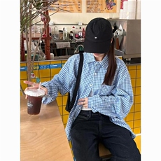 慵懒风蓝色长袖格子衬衫男款美式复古格纹休闲衬衣外套薄款上衣潮，男装衬衫，星座1210-1