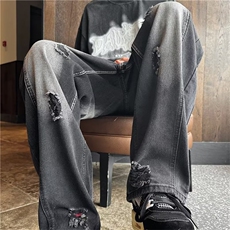 美式裤子ins高街潮水洗渐变假破洞牛仔裤男休闲裤TG13-P50，男装牛仔裤，星座1109-3