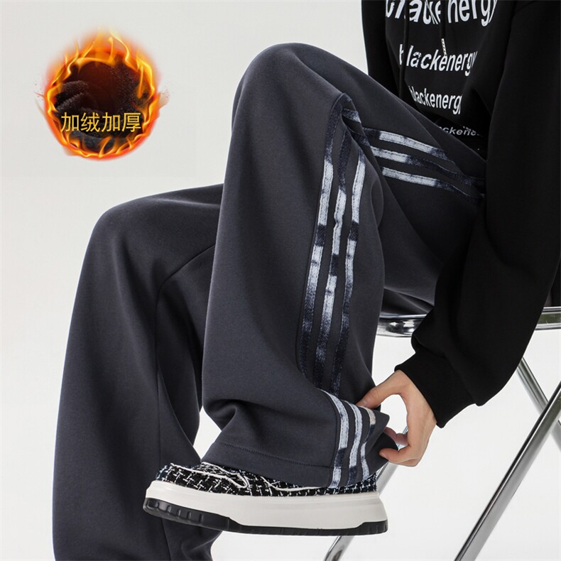 无影墙加绒加厚运动直筒阔腿拖地裤三条杠织带扎染棉卫裤7881-P55,男装休闲裤,电商C305A