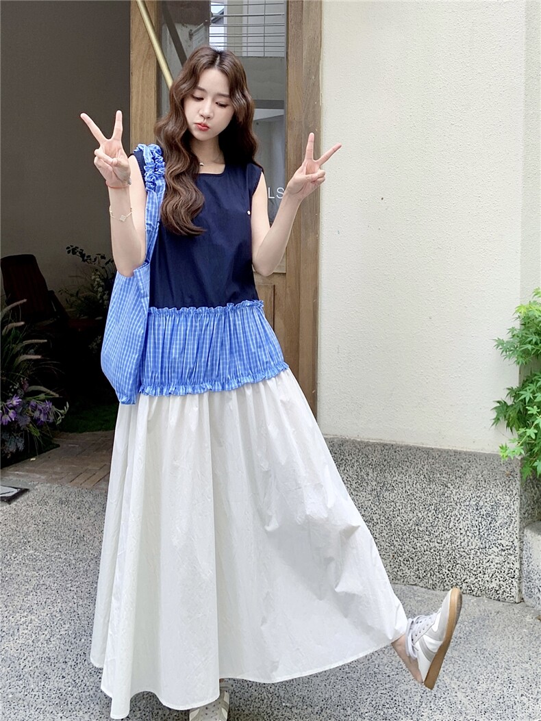 设计感撞色拼接无袖背心连衣裙女夏2025新款减龄气质遮肉显瘦长裙,女装连衣裙,蝶眷