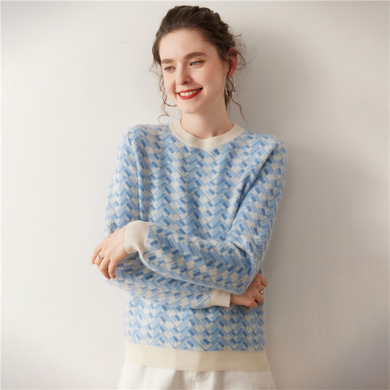 新款空气层圆领撞色提花设计时尚百搭，女装针织衫/毛衣，广悦羊绒