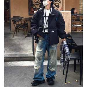 高街破洞脏染废土风牛仔裤男款秋冬季痞帅直筒阔腿长裤子 N7644图片