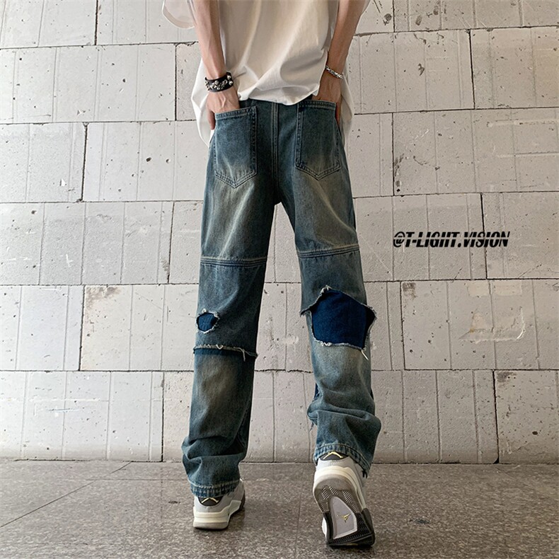 B221美式ins高街暗黑小众撞色破洞直筒牛仔裤LK23109-P65控88,男装牛仔裤,电商B221