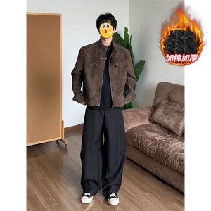 美拉德棕色短款皮衣外套男款春秋美式复古cleanfit立领夹克高级感图片