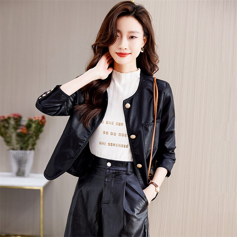 PU皮衣女短款圆领2023洋气显瘦百搭小个子显高长袖皮夹克上衣外套,女装皮衣,潮流依族