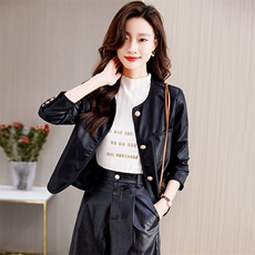 PU皮衣女短款圆领2023洋气显瘦百搭小个子显高长袖皮夹克上衣外套，女装皮衣，潮流依族