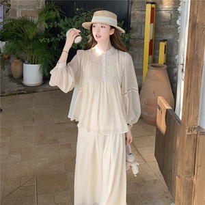 超仙时尚雪纺套装女2026春夏新款半透减龄显瘦流行阔腿裙裤三件套图片