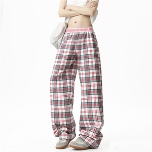 XZ612-K584-P65 美式复古字母腰头印花撞色格子休闲裤阔腿裤图片