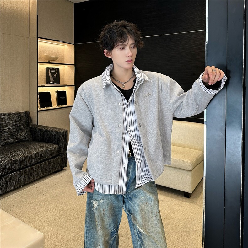 cleanfit假两件条纹拼接衬衫卫衣男衬衣痞帅开衫外套WB588-P53，男装衬衫，星座412-3