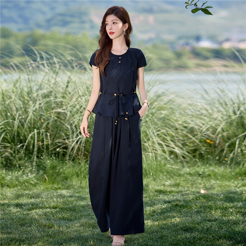 藏青色高级感时尚套装女2025夏季新款慵懒松弛感气质阔腿裤两件套,女装套装/套裙,欣品汇