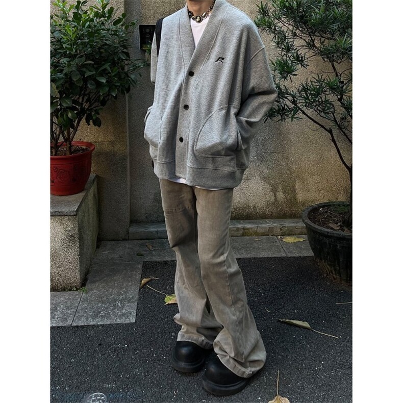 美式开衫纽扣V领卫衣潮牌春秋情侣宽松复古针织基础外套,女装短外套,四季星座505
