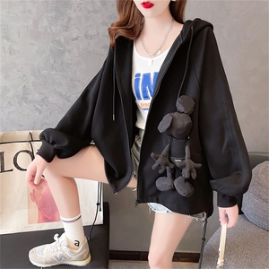 K9648韩版宽松贴布立体娃娃连帽大码女装卫衣开衫外套女P55图片