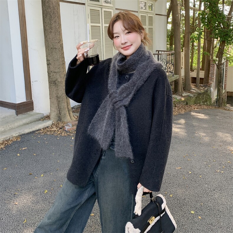 黑色配围巾双面呢羊毛外套女秋冬2025新款韩系显瘦爆款千金感大衣,女装羊绒大衣,2C316