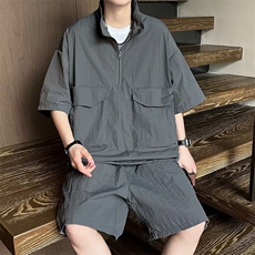 夏季新款男士速干工装立领短袖套装宽松百搭时尚短裤两件套潮，男装牛仔裤，星座1013