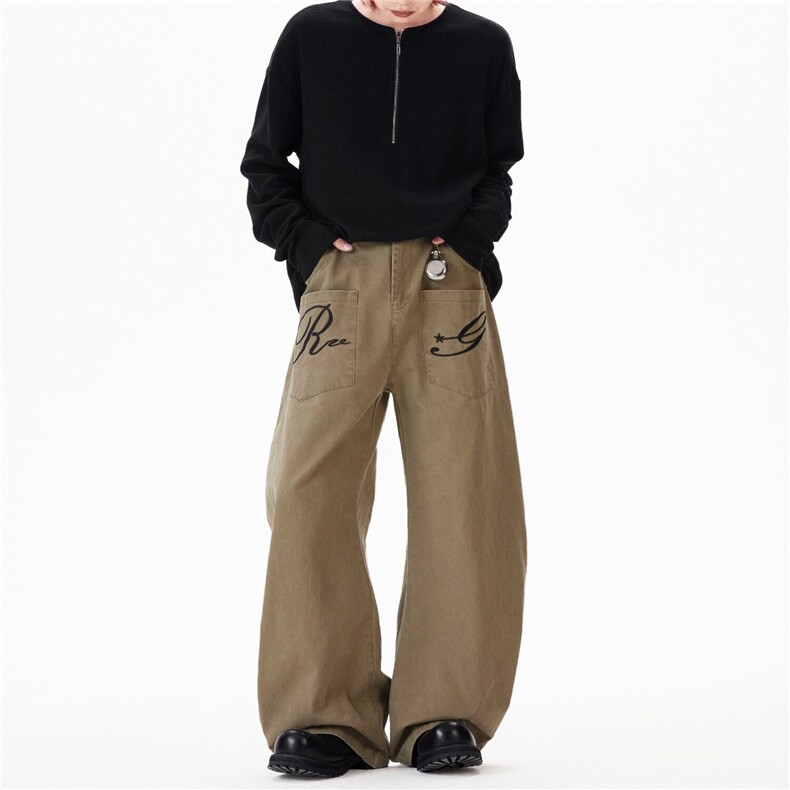 K787美式复古刺绣高街洗水工装弯刀裤男女oversize休闲直筒阔腿裤，男装工装外套，星座813-2