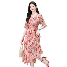 2021新款女气质显瘦法式高腰V领复古仙碎花松紧腰连衣裙送腰带，女装连衣裙，丽美静依
