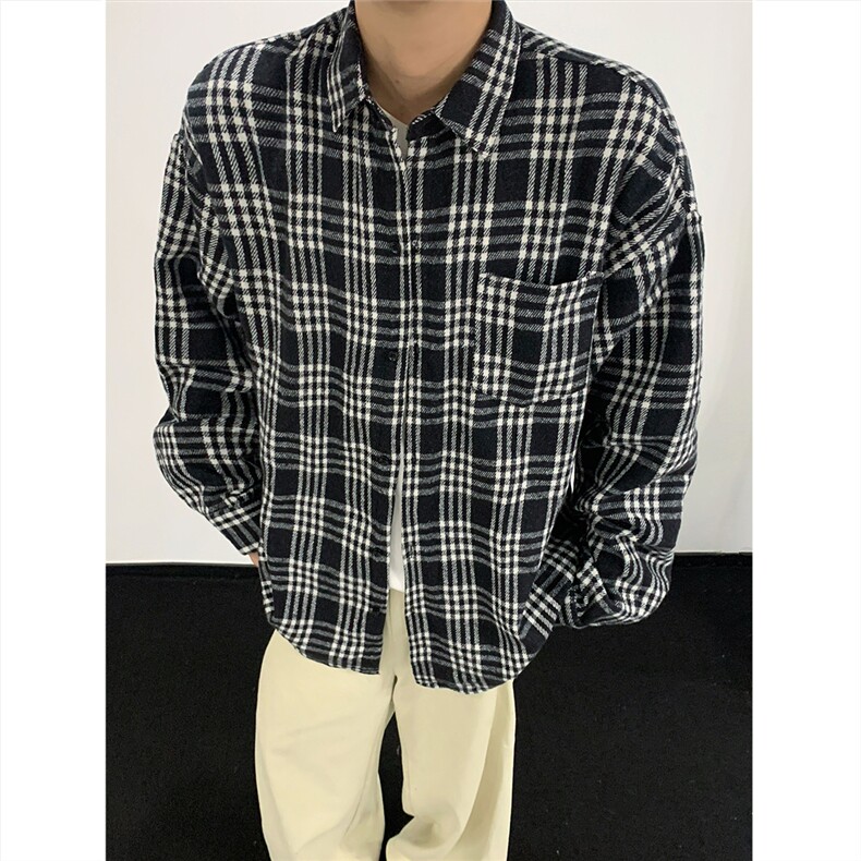 现货~磨毛格子大码长袖衬衫 C5891/特P25 黑图片