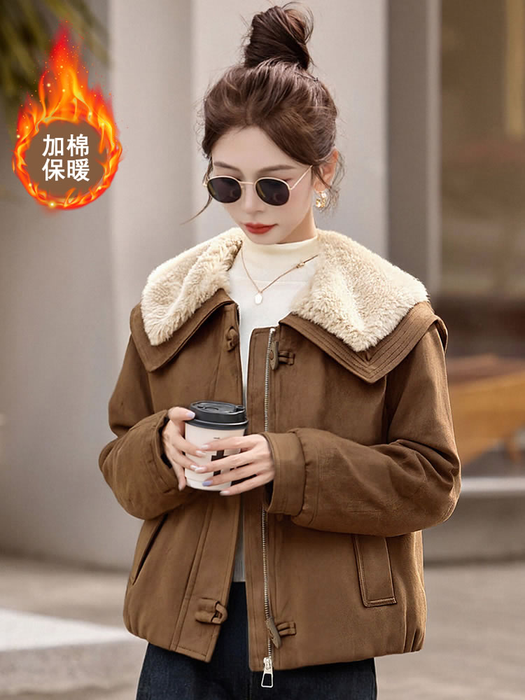 秋冬宽松超好看鹿皮绒棉服时尚减龄羊羔毛翻领夹棉加厚外套女,女装棉衣/棉服,韩蔻秀