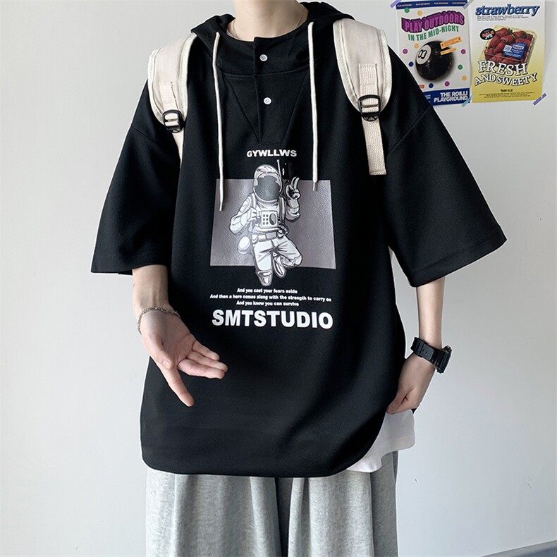 夏季港风冰丝宽松连帽短袖t恤五分体恤上衣TLM21127-P40控58,男装T恤,电商B370