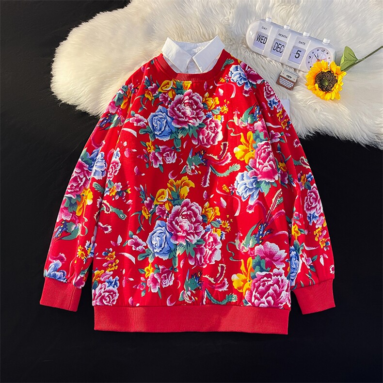 W2情侣大码衬衫领假两件卫衣外套学生班服团队新中式表演出汉服潮图片