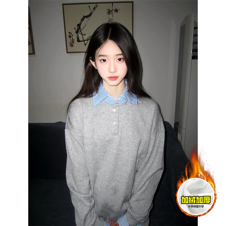 重磅加绒硬挺boxy男女美式高街假两件衬衫领长袖卫衣POLO领打底衫,男装T恤,电商A443