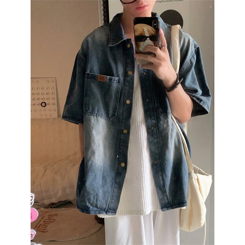 牛仔衬衫男士韩版潮流短袖宽松2025夏新款ins百搭外套CY914-P55,男装衬衫,星座412-2