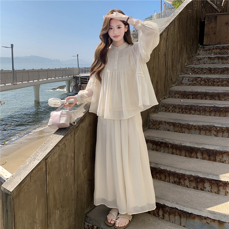 超仙时尚雪纺套装女2026春夏新款半透减龄显瘦流行阔腿裙裤三件套,女装套装/套裙,衣秀之家