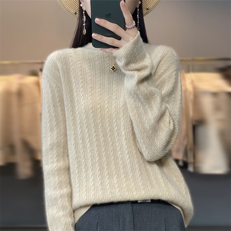 羊范羊毛衫女秋冬新款宽松半高领烫钻扭花针织衫显瘦打底衫,女装羊毛衫,唯若美羊绒