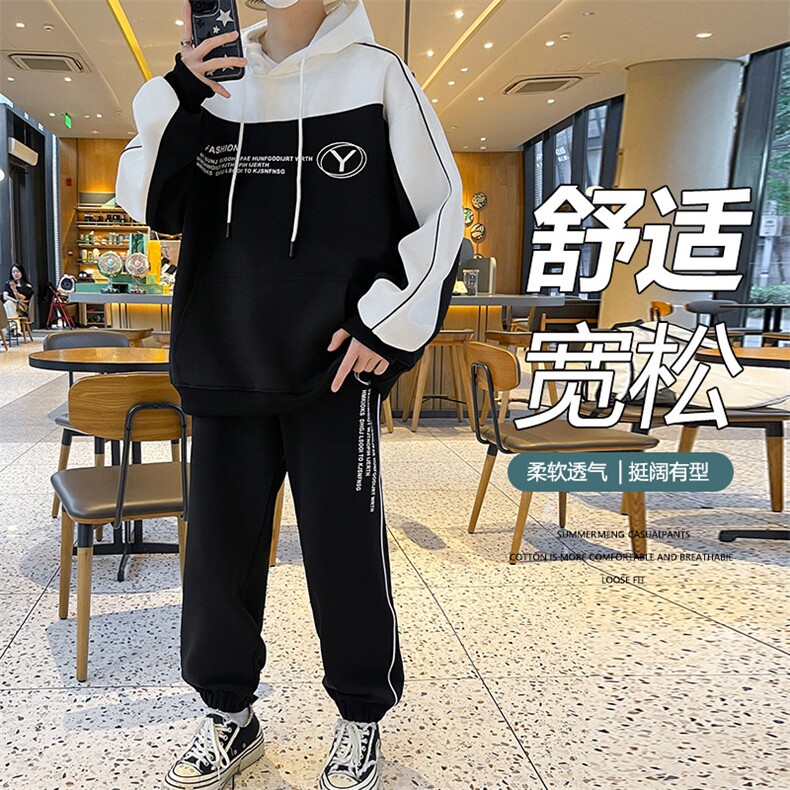 TB35-P95 春秋新款男生宽松连帽卫衣套装学生印花上衣裤子图片