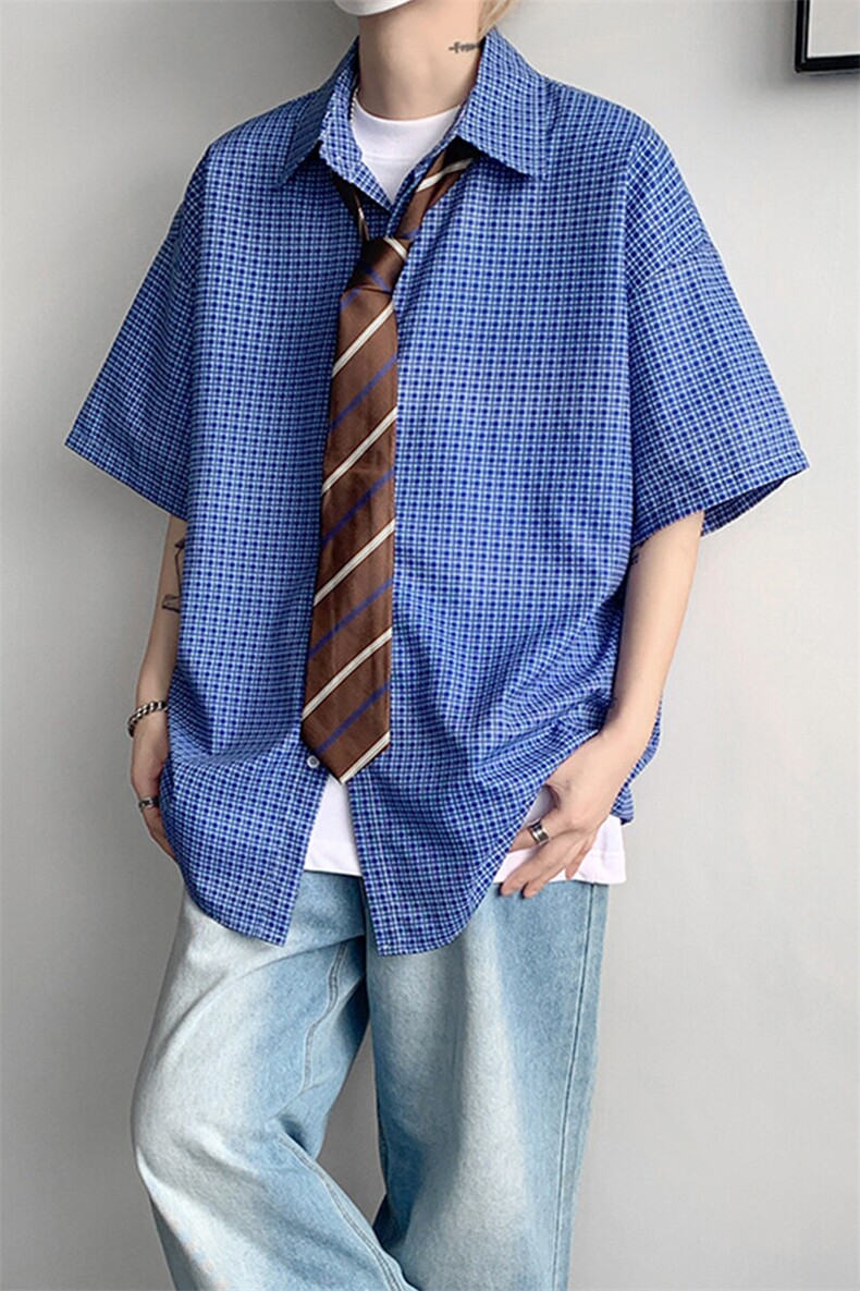 8XL-M短袖衬衫男夏宽松慵懒风痞帅条纹格子衫半袖外套DC28005P40,男装衬衫,电商B312