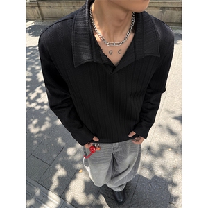 新款麦穗纹复古大码老钱风翻领打底长袖T恤男T24505-特P36控69图片