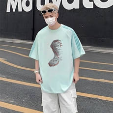 抖音得物品质二开240克宽松纯棉美式潮牌印花三条杠中性风短袖T恤，男装T恤，电商A486